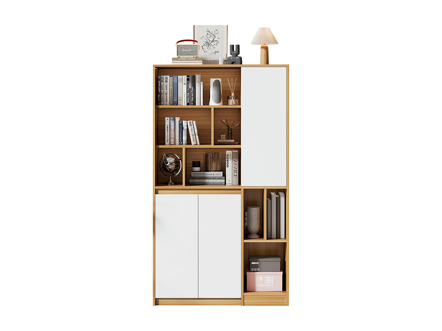 Boekenkast met 3 deuren en verstelbare planken - 90 x 35,5 x 160 cm - Spaanplaat - Wit + Licht eiken