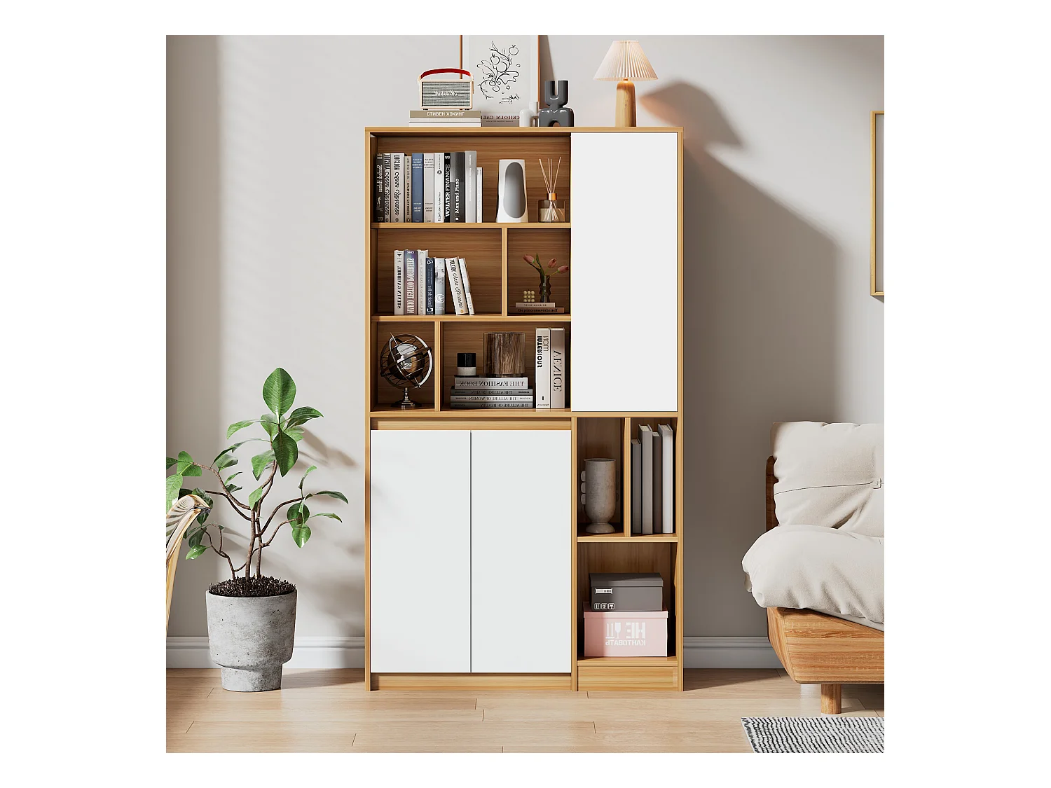 Boekenkast met 3 deuren en verstelbare planken - 90 x 35,5 x 160 cm - Spaanplaat - Wit + Licht eiken