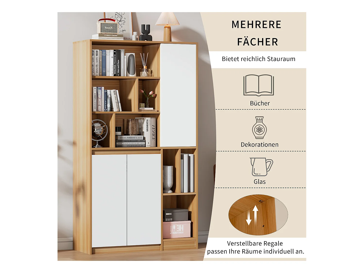 Bibliothèque avec 3 portes et étagères réglables - 90 x 35,5 x 160 cm - Panneaux de particules - Blanc + Chêne clair