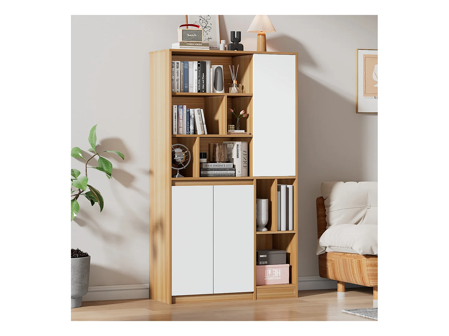 Bibliothèque avec 3 portes et étagères réglables - 90 x 35,5 x 160 cm - Panneaux de particules - Blanc + Chêne clair