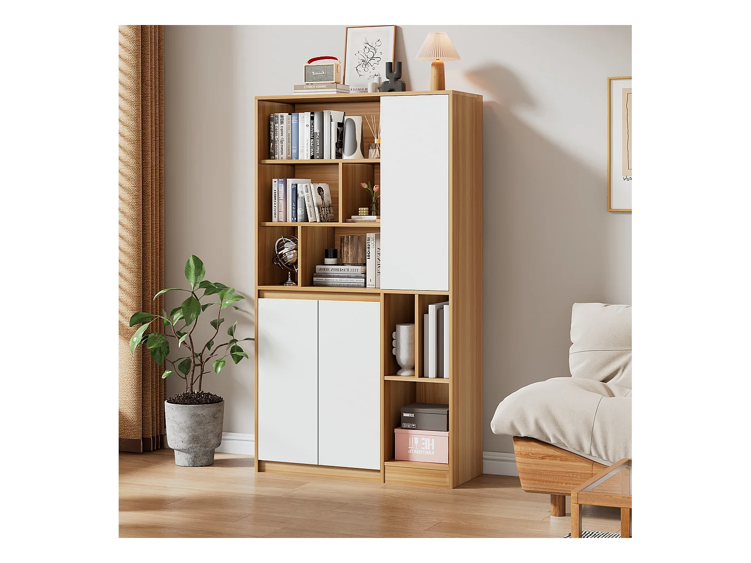 Bibliothèque avec 3 portes et étagères réglables - 90 x 35,5 x 160 cm - Panneaux de particules - Blanc + Chêne clair