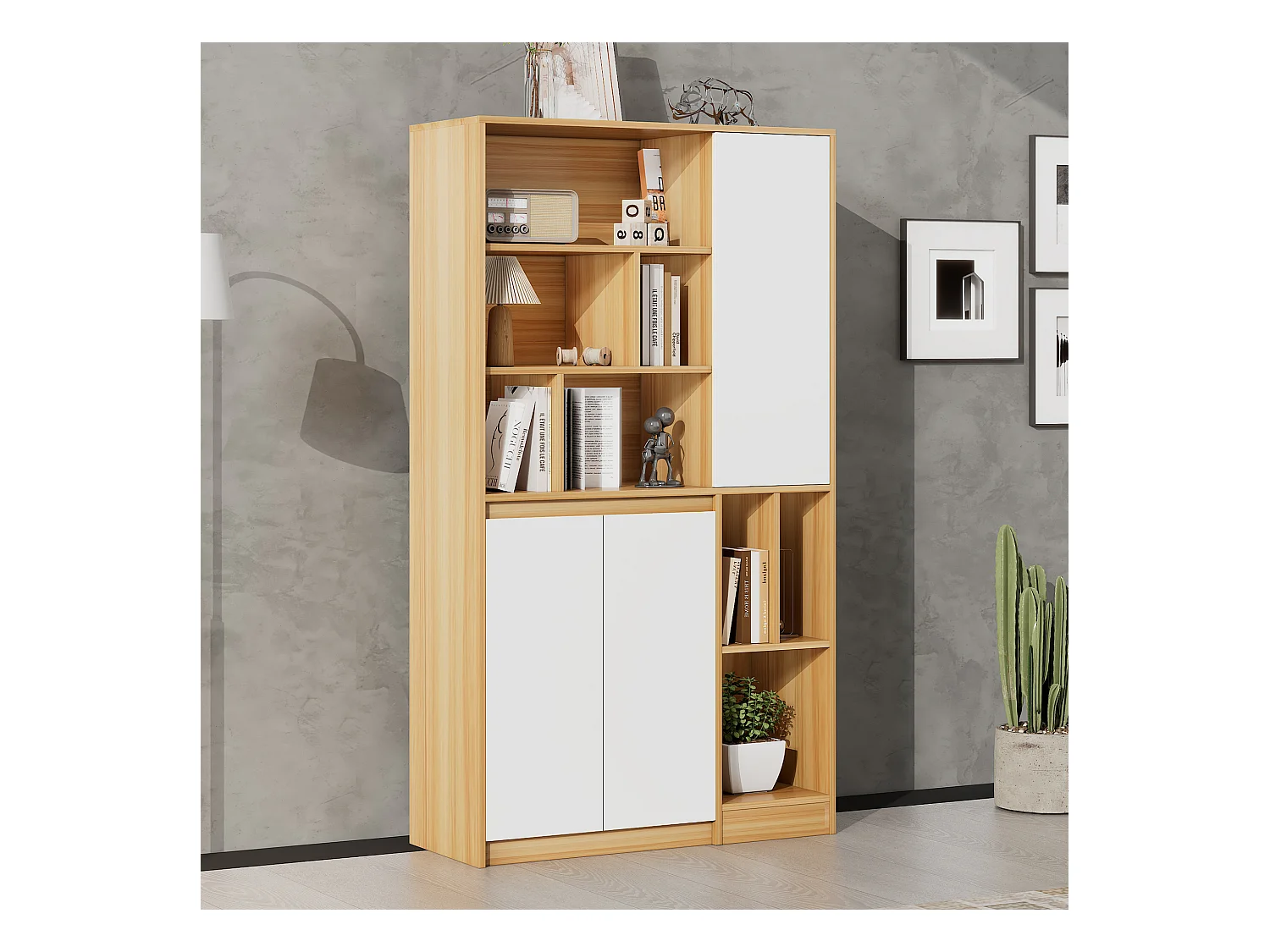 Bibliothèque avec 3 portes et étagères réglables - 90 x 35,5 x 160 cm - Panneaux de particules - Blanc + Chêne clair