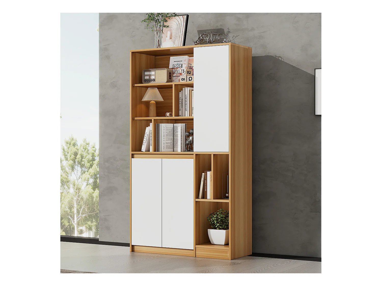 Bibliothèque avec 3 portes et étagères réglables - 90 x 35,5 x 160 cm - Panneaux de particules - Blanc + Chêne clair