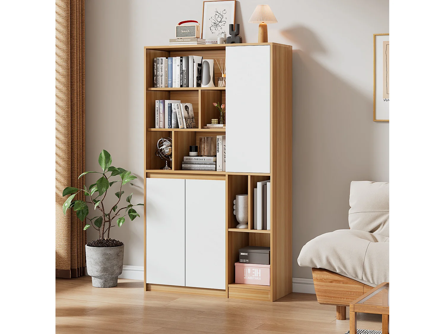 Estante com 3 portas e prateleiras ajustáveis - 90 x 35,5 x 160 cm - Aglomerado - Branco + Carvalho claro