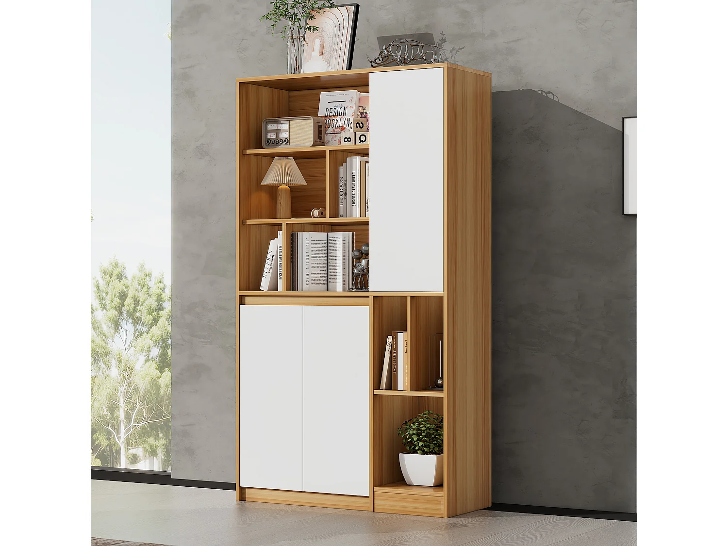 Estante com 3 portas e prateleiras ajustáveis - 90 x 35,5 x 160 cm - Aglomerado - Branco + Carvalho claro