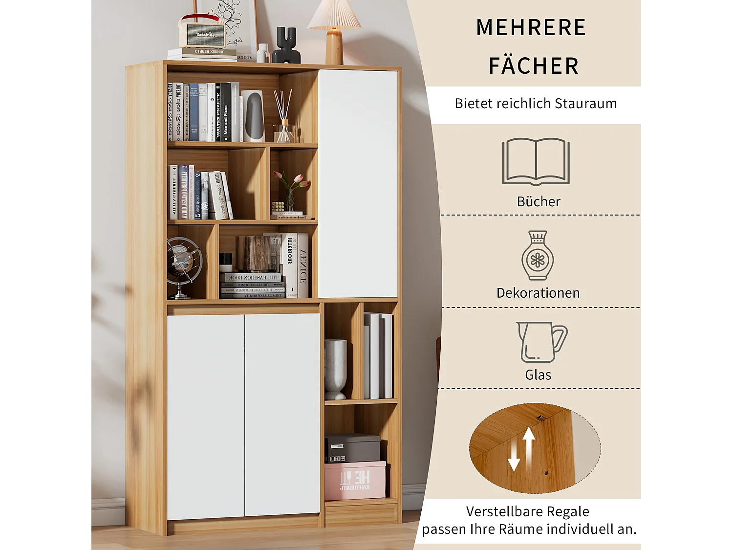 Estante com 3 portas e prateleiras ajustáveis - 90 x 35,5 x 160 cm - Aglomerado - Branco + Carvalho claro