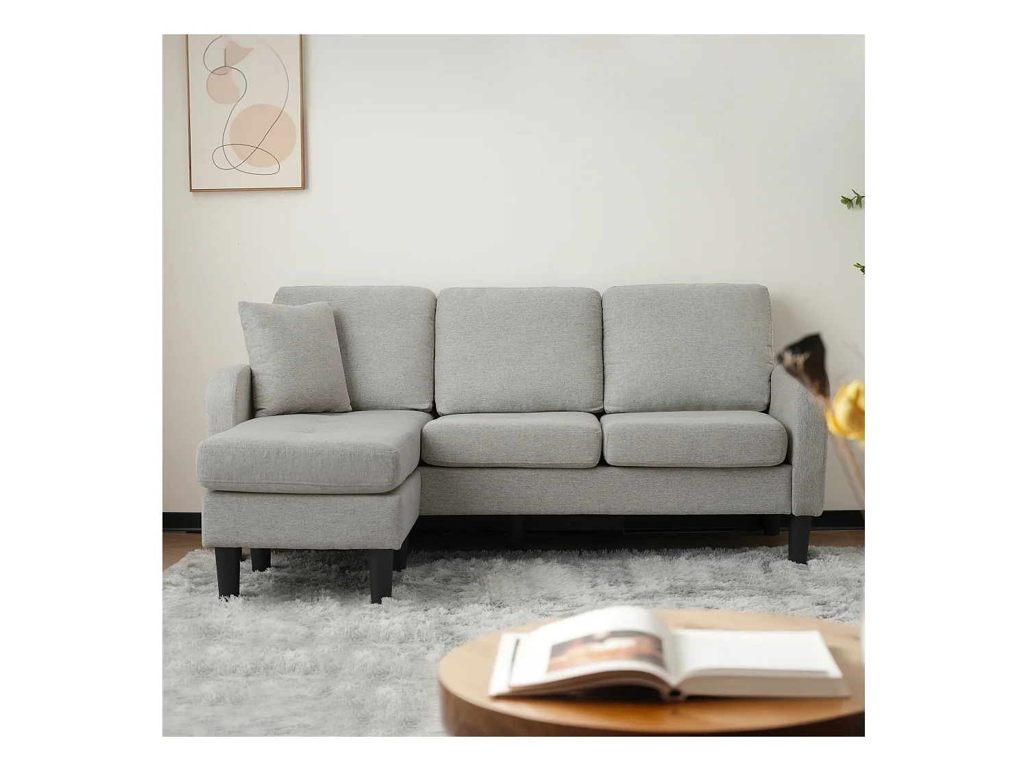 Canapé d'angle 3 places avec méridienne - 185 x 118 x 82 cm - tissu en coton et lin respirant - Gris