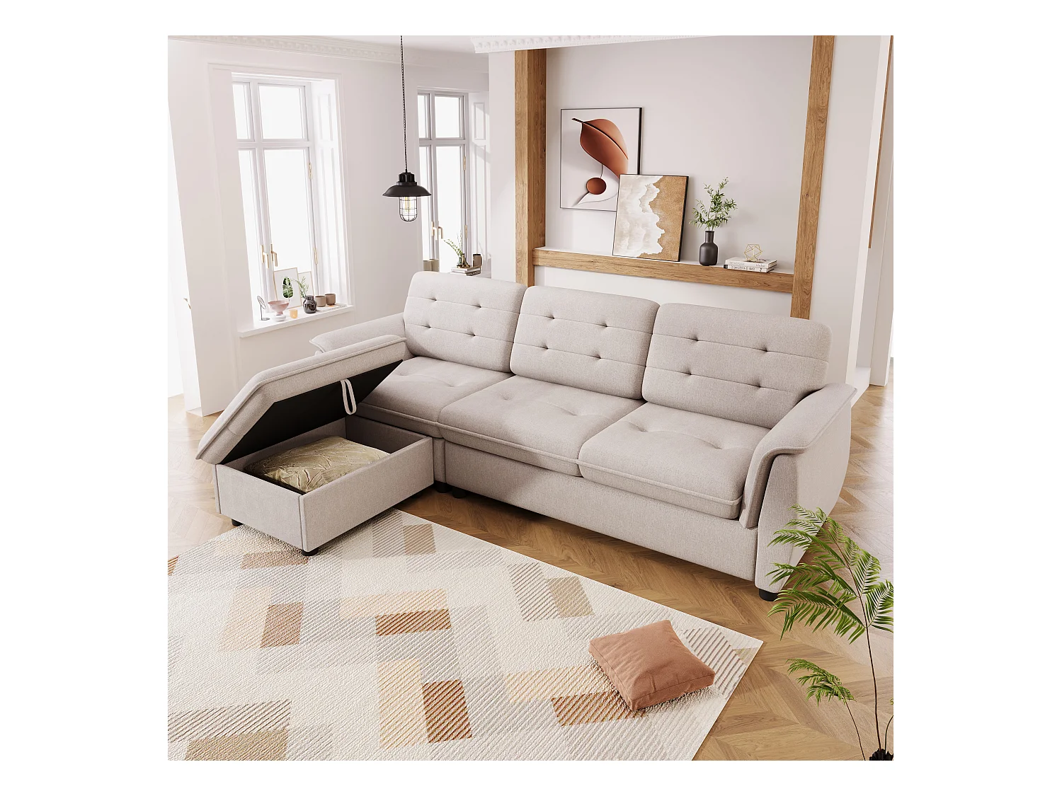 Canapé d'angle 4 places avec repose-pieds et rangement - 239 x 139 x 84 cm - Eponge et lin - Beige