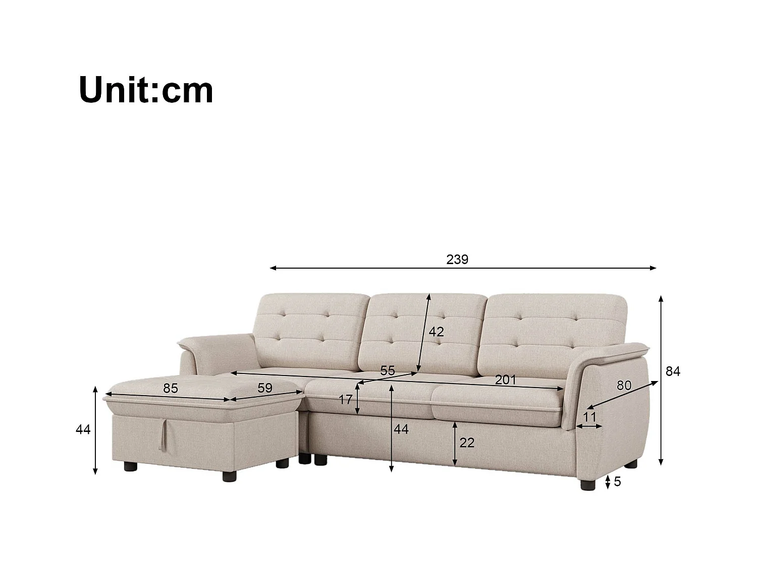 Canapé d'angle 4 places avec repose-pieds et rangement - 239 x 139 x 84 cm - Eponge et lin - Beige