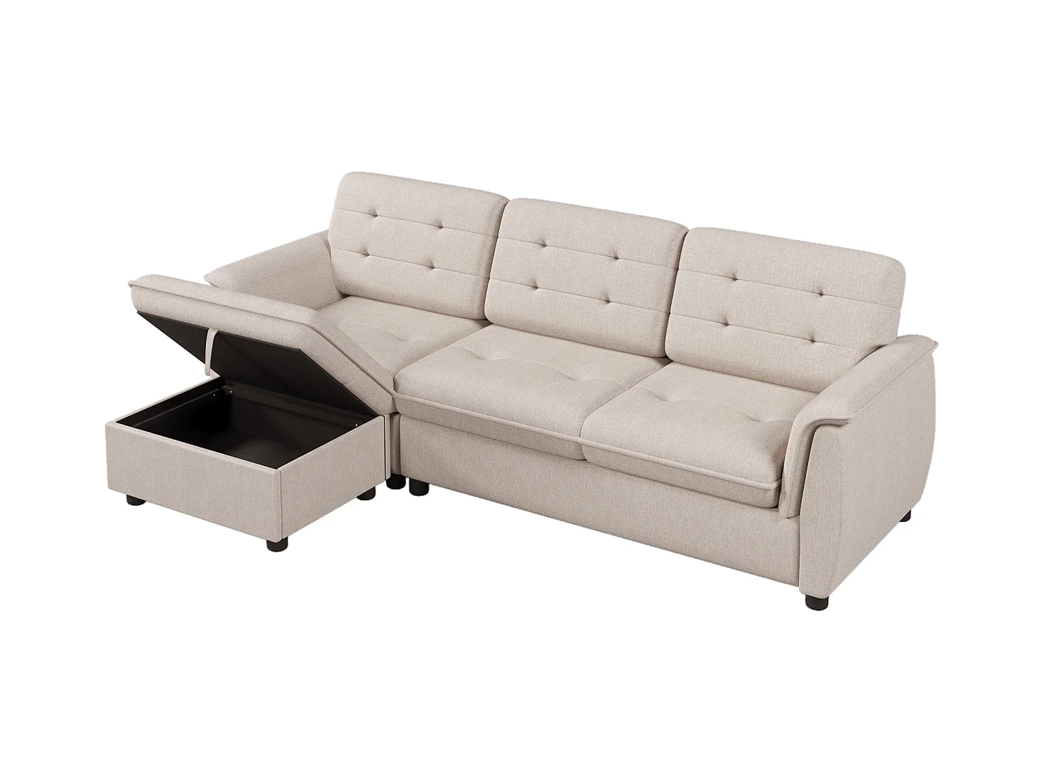 Canapé d'angle 4 places avec repose-pieds et rangement - 239 x 139 x 84 cm - Eponge et lin - Beige