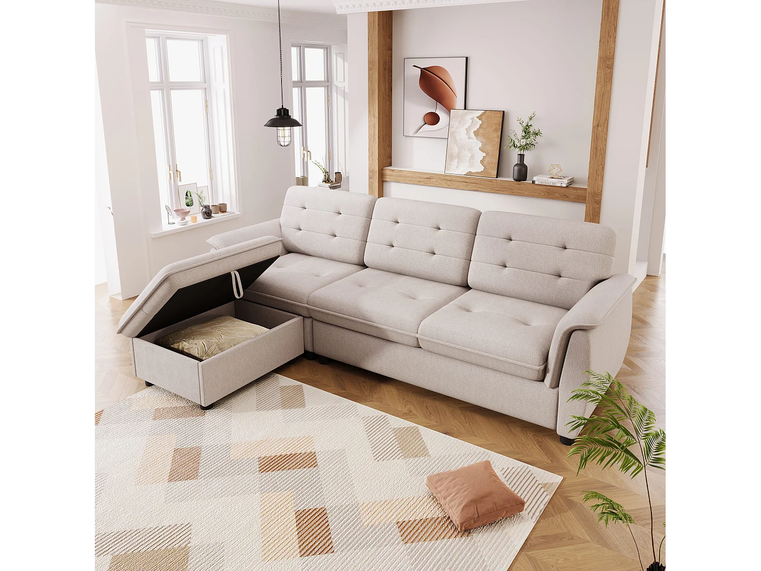 Canapé d'angle 4 places avec repose-pieds et rangement - 239 x 139 x 84 cm - Eponge et lin - Beige