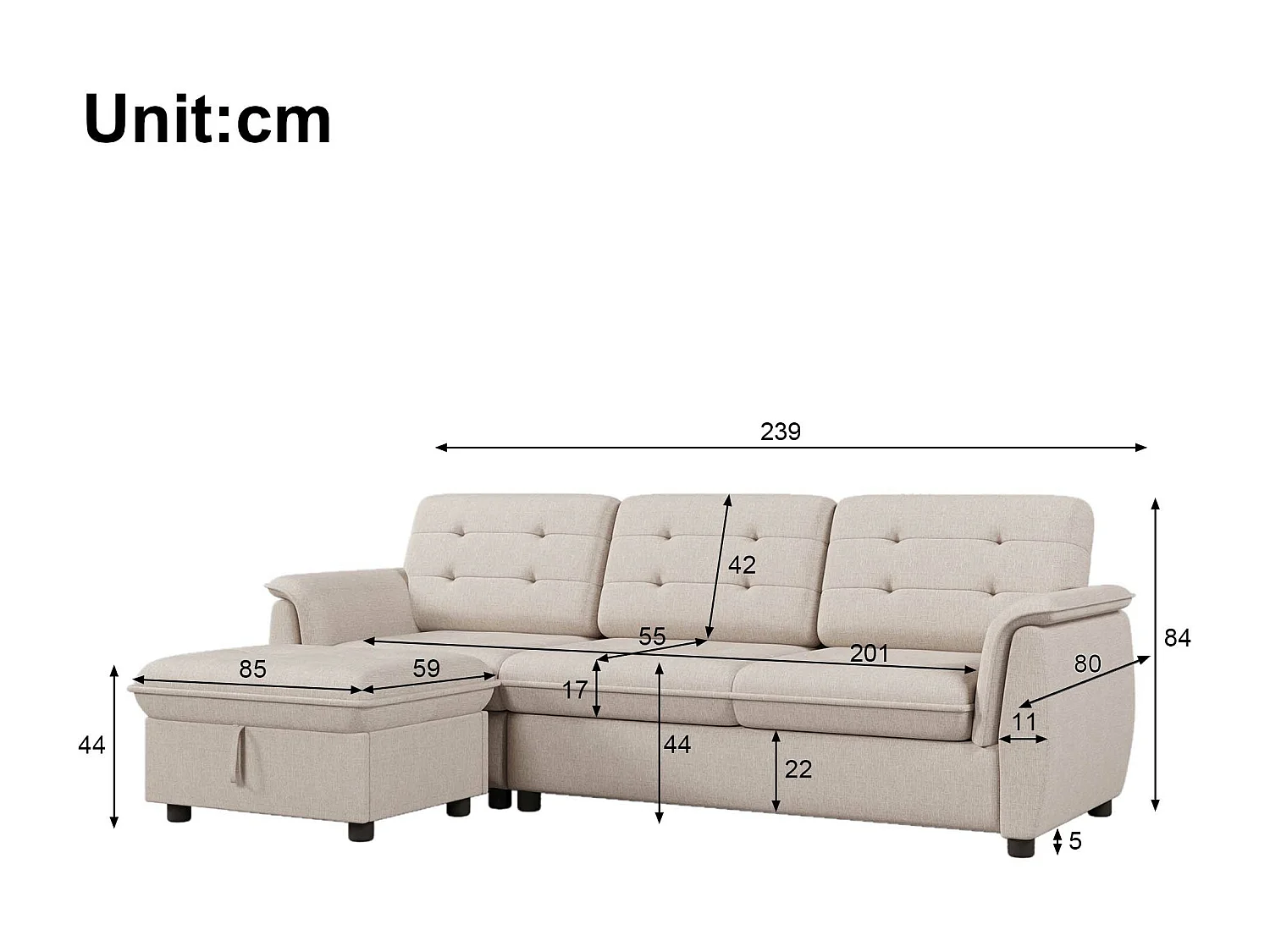 Canapé d'angle 4 places avec repose-pieds et rangement - 239 x 139 x 84 cm - Eponge et lin - Beige