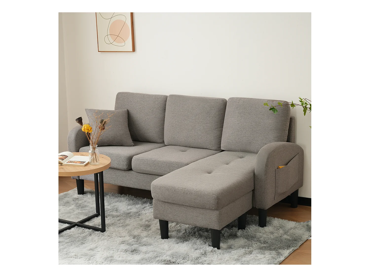 3-Sitzer-Ecksofa mit Chaiselongue – 185 x 118 x 82 cm – atmungsaktiver Baumwoll- und Leinenstoff – Antik-Dunkelgrau