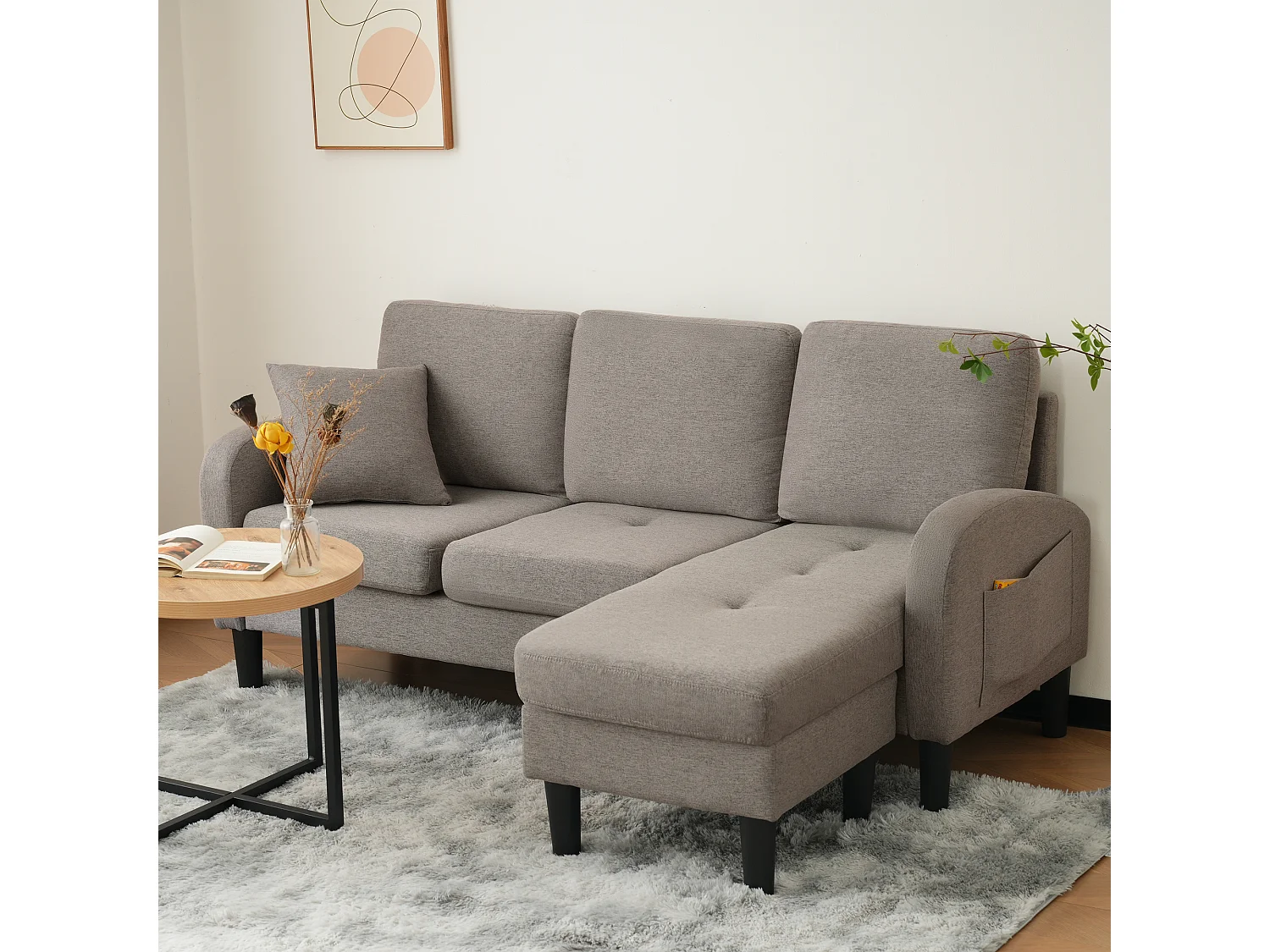 3-Sitzer-Ecksofa mit Chaiselongue – 185 x 118 x 82 cm – atmungsaktiver Baumwoll- und Leinenstoff – Antik-Dunkelgrau