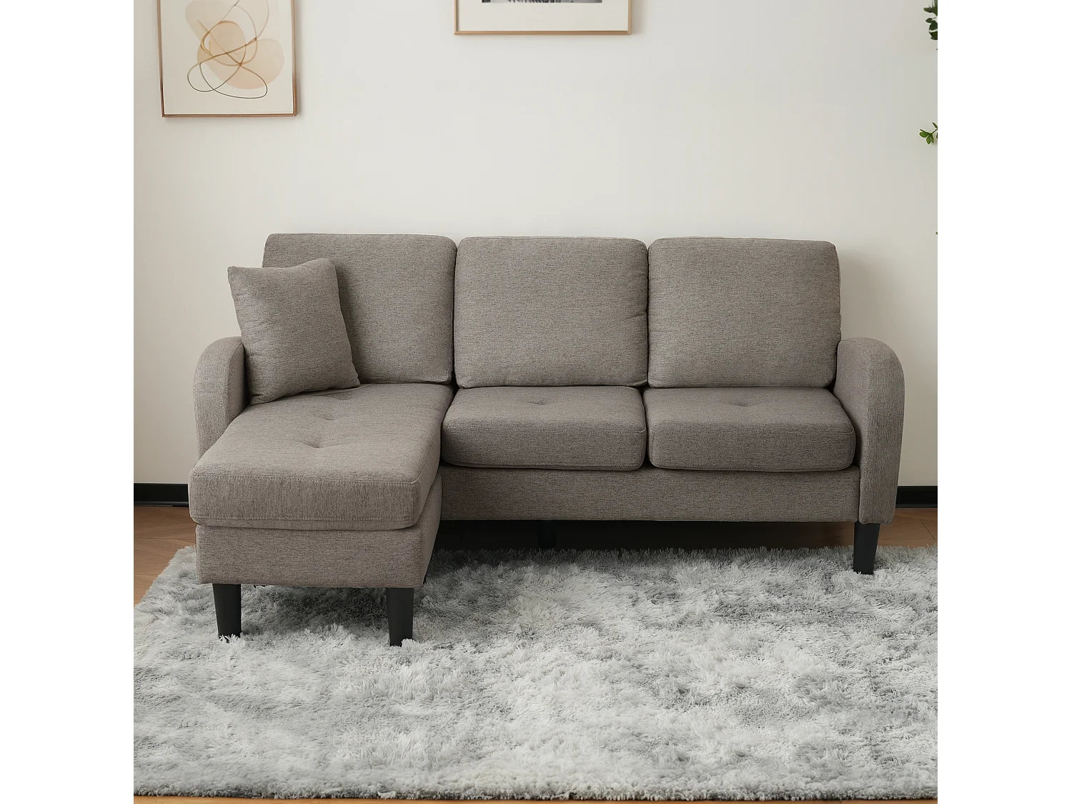 3-zits hoekbank met chaise longue - 185 x 118 x 82 cm - ademende katoen- en linnenstof - Antiek donkergrijs