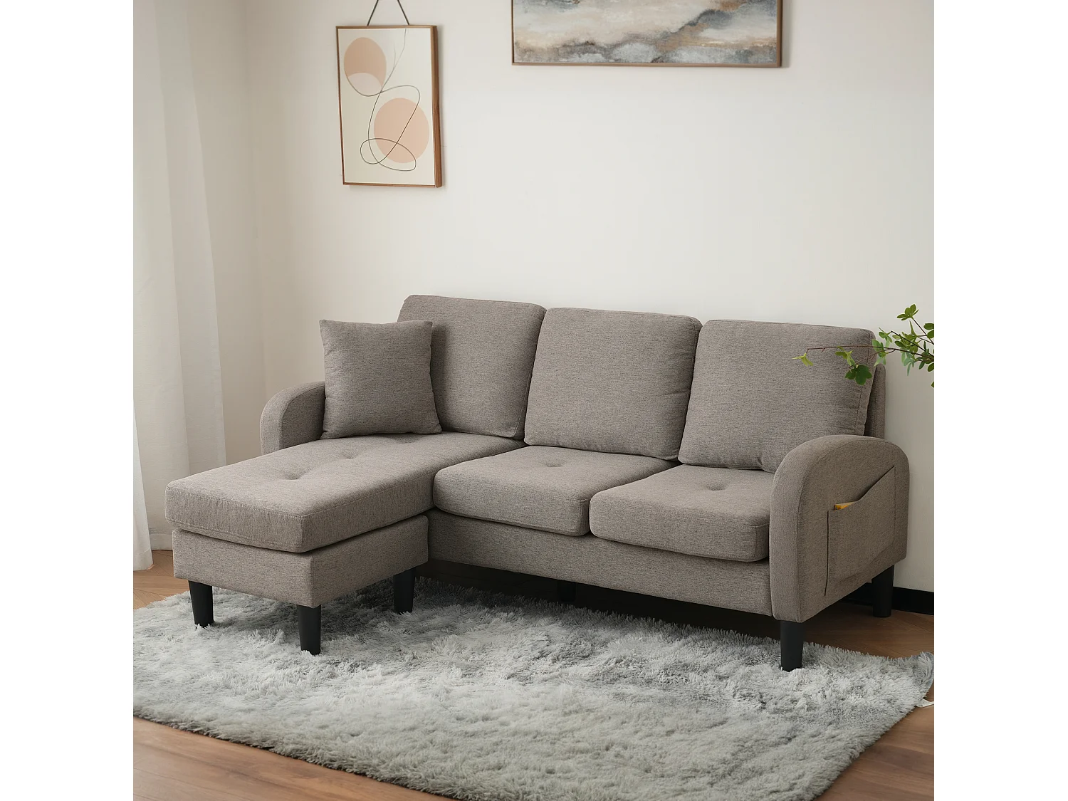 3-zits hoekbank met chaise longue - 185 x 118 x 82 cm - ademende katoen- en linnenstof - Antiek donkergrijs