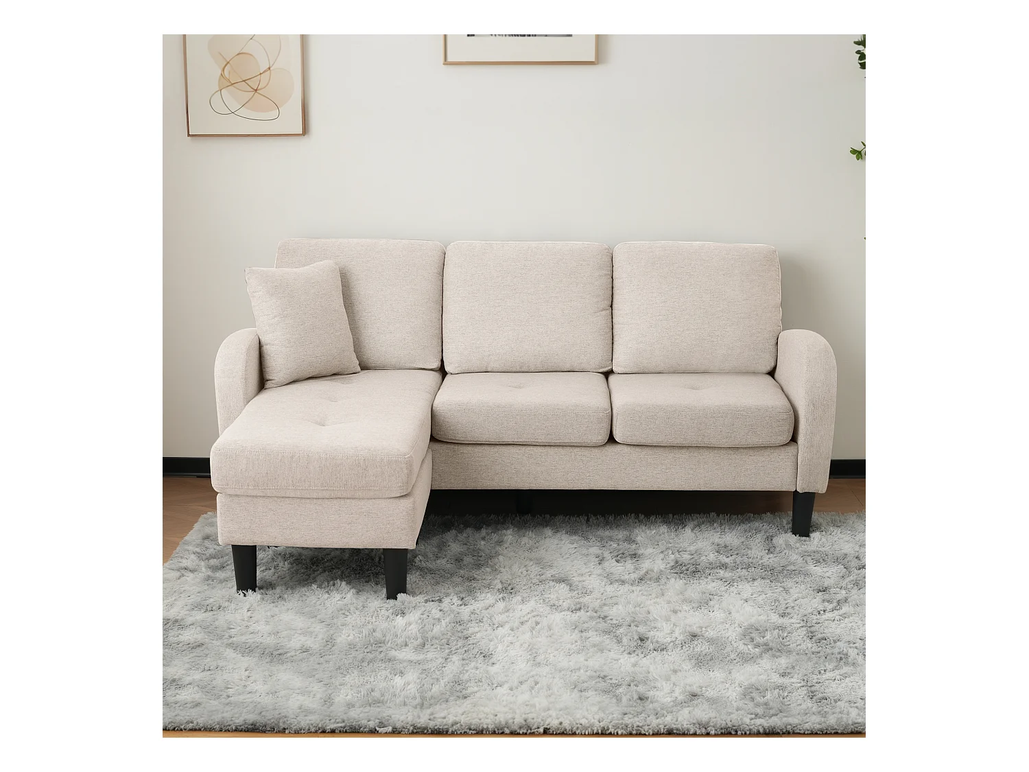 Sofá de canto de 3 lugares com chaise longue - 185 x 118 x 82 cm - tecido respirável de algodão e linho - Bege