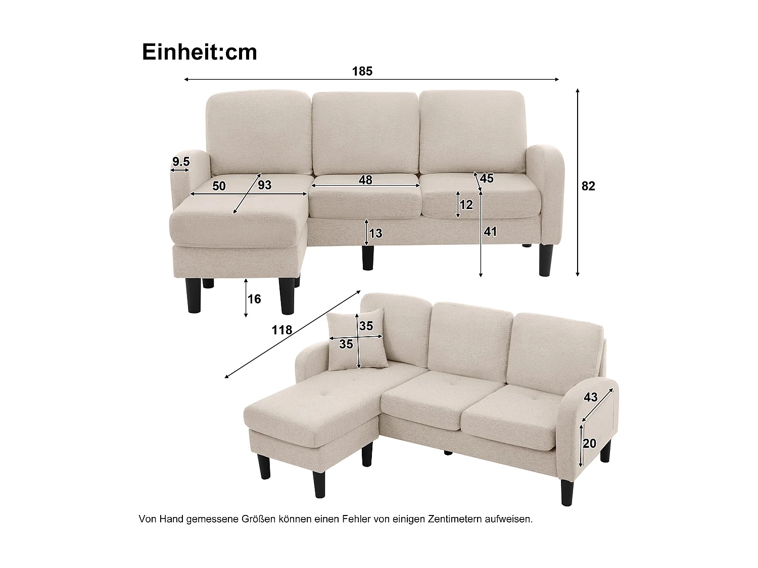Sofá de canto de 3 lugares com chaise longue - 185 x 118 x 82 cm - tecido respirável de algodão e linho - Bege