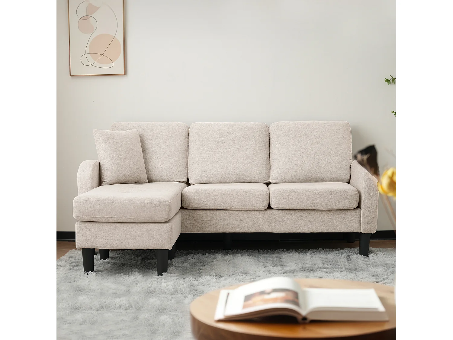 Sofá de canto de 3 lugares com chaise longue - 185 x 118 x 82 cm - tecido respirável de algodão e linho - Bege