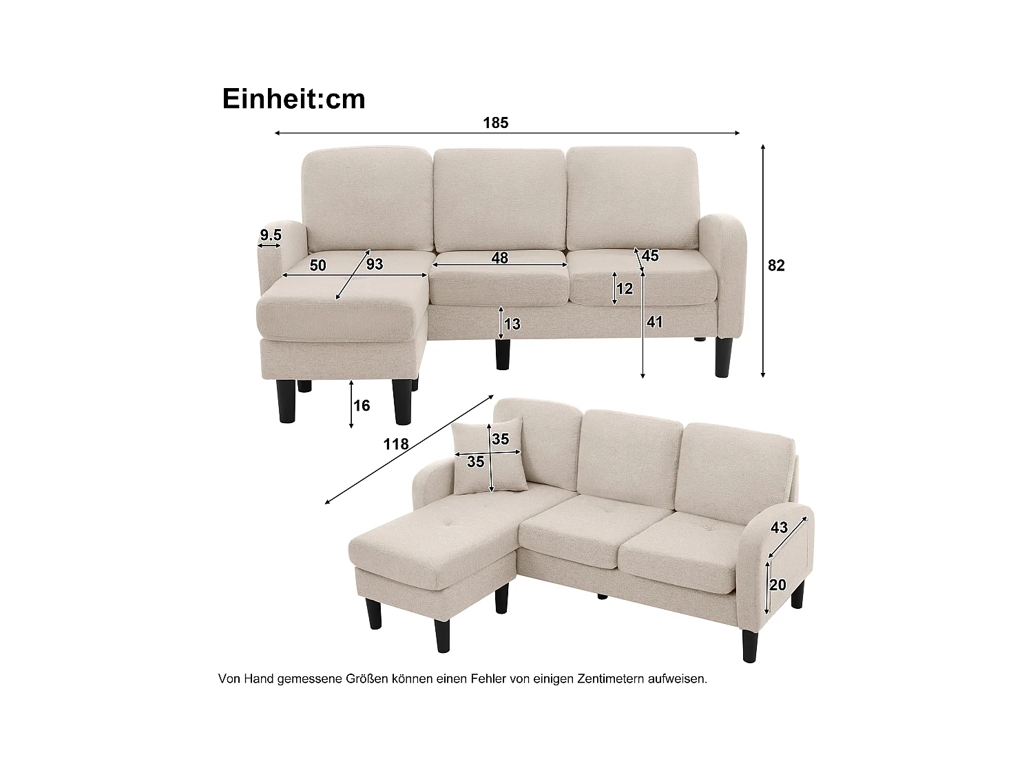 Canapé d'angle 3 places avec méridienne - 185 x 118 x 82 cm - tissu en coton et lin respirant - Beige