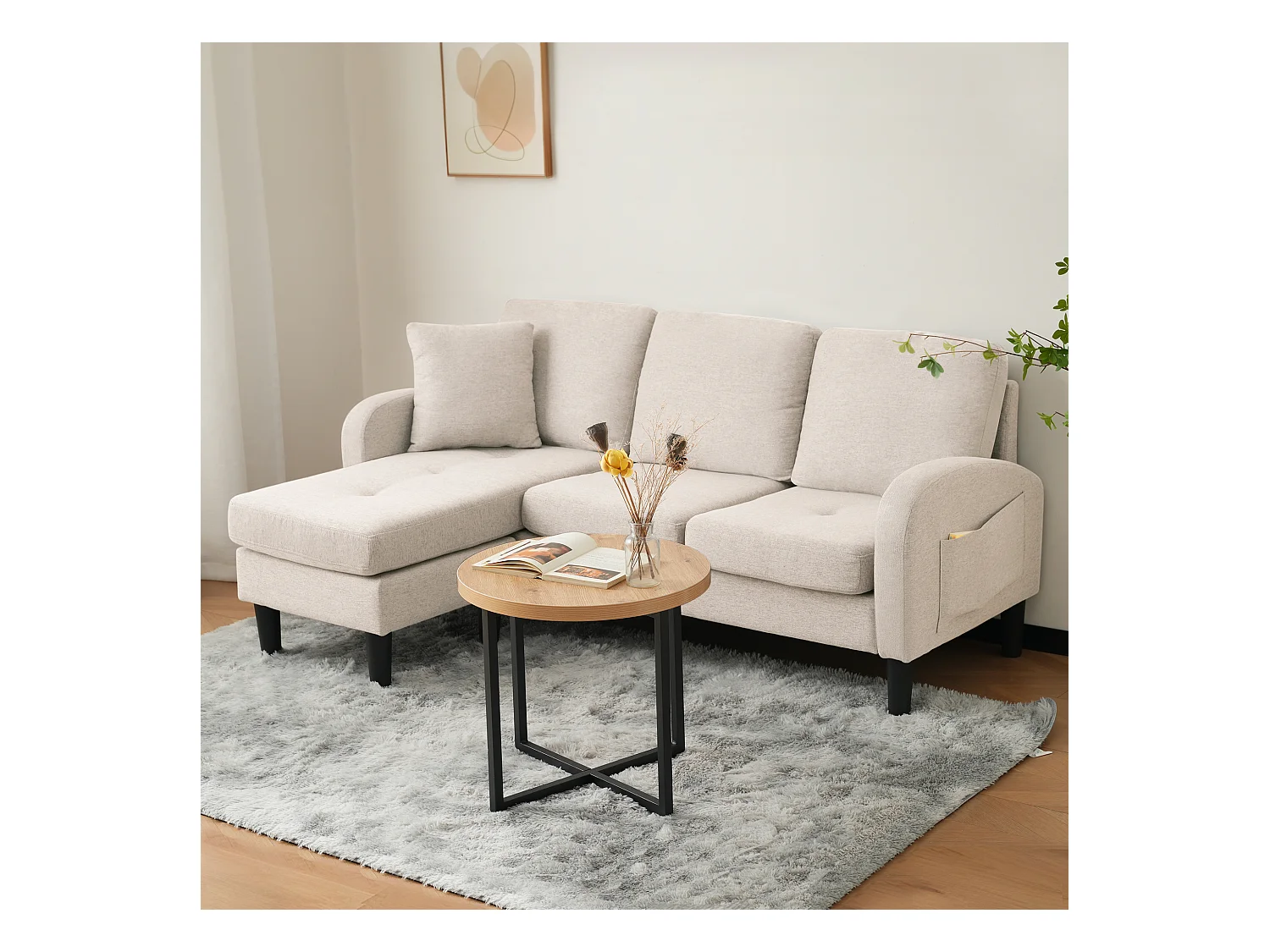 Canapé d'angle 3 places avec méridienne - 185 x 118 x 82 cm - tissu en coton et lin respirant - Beige