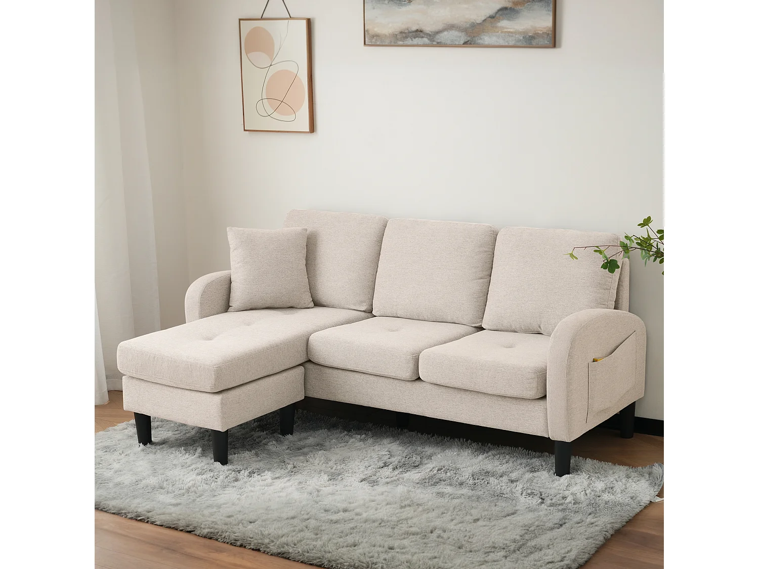 Sofá esquinero de 3 plazas con chaise longue - 185 x 118 x 82 cm - tejido transpirable de algodón y lino - Beige