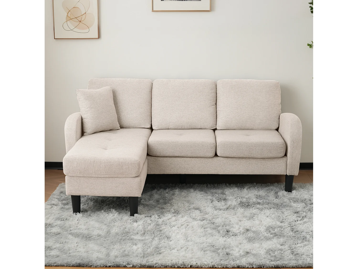 Sofá esquinero de 3 plazas con chaise longue - 185 x 118 x 82 cm - tejido transpirable de algodón y lino - Beige