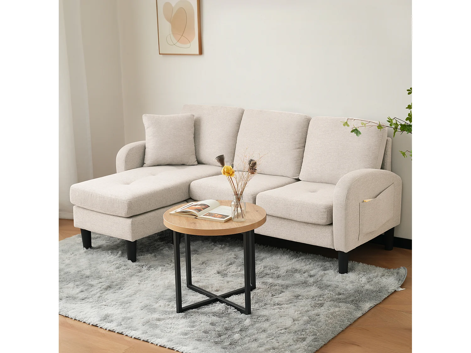 Sofá esquinero de 3 plazas con chaise longue - 185 x 118 x 82 cm - tejido transpirable de algodón y lino - Beige