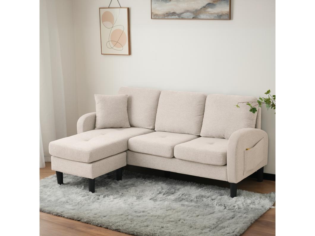 3-zits hoekbank met chaise longue - 185 x 118 x 82 cm - ademende katoen- en linnenstof - Beige