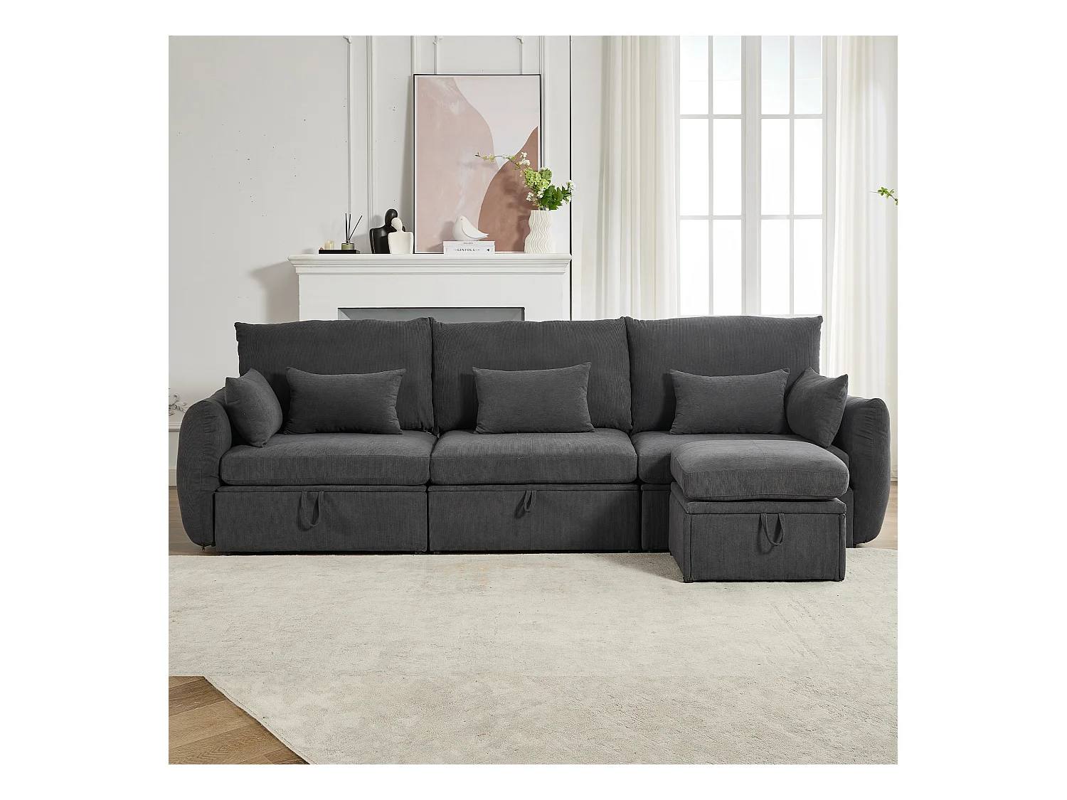 Canapé d'angle 4 places - 300 x 90 x 96 cm - Repose-pieds et espace de rangement - Velours - Gris