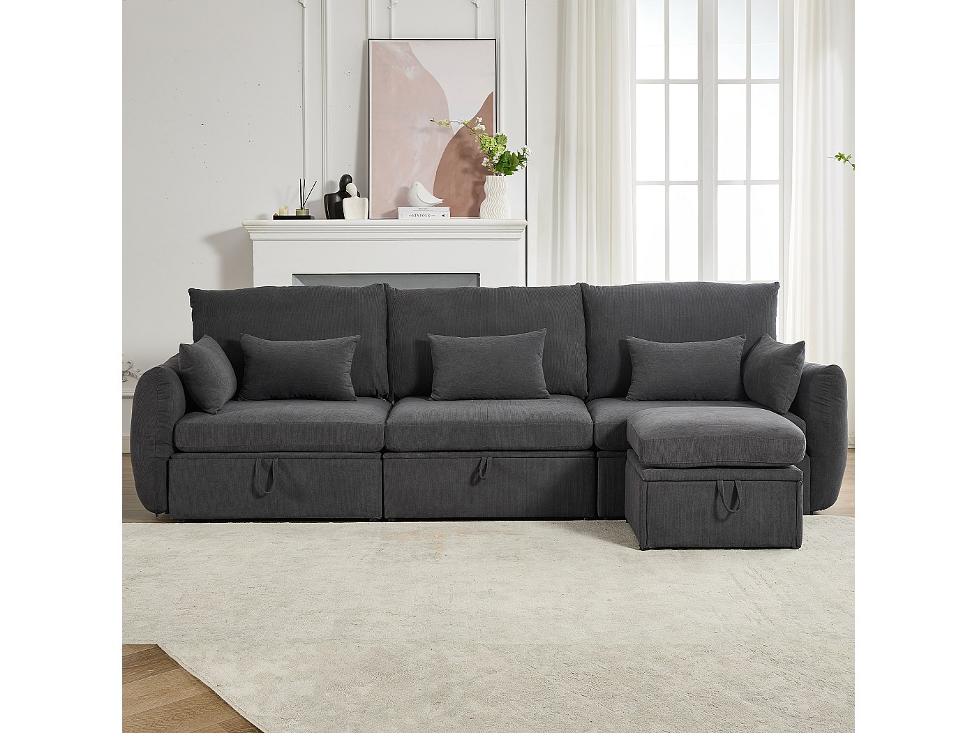 Sofá esquinero de 4 plazas - 300 x 90 x 96 cm - Reposapiés y espacio de ...