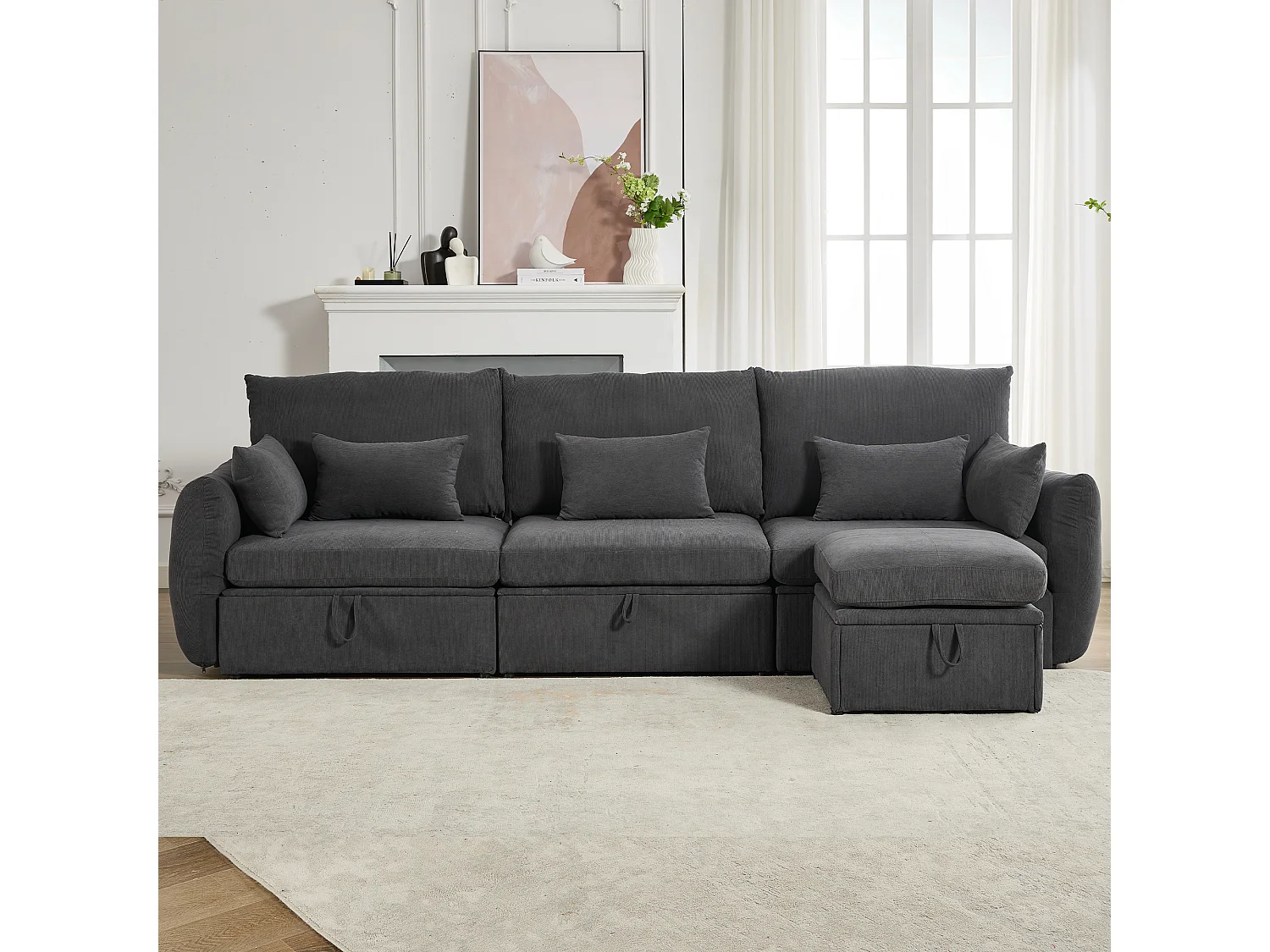 Canapé d'angle 4 places - 300 x 90 x 96 cm - Repose-pieds et espace de rangement - Velours - Gris