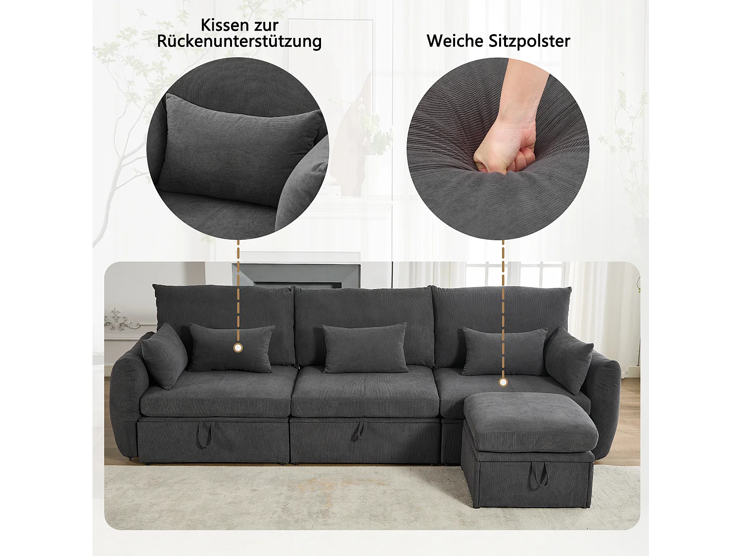 Canapé d'angle 4 places - 300 x 90 x 96 cm - Repose-pieds et espace de rangement - Velours - Gris