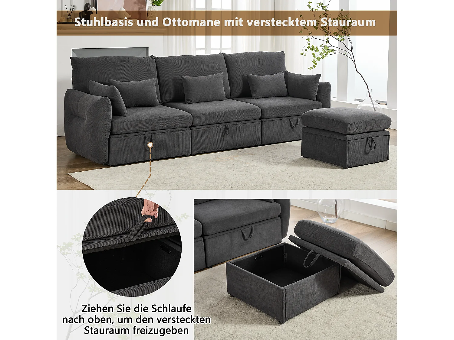 Canapé d'angle 4 places - 300 x 90 x 96 cm - Repose-pieds et espace de rangement - Velours - Gris