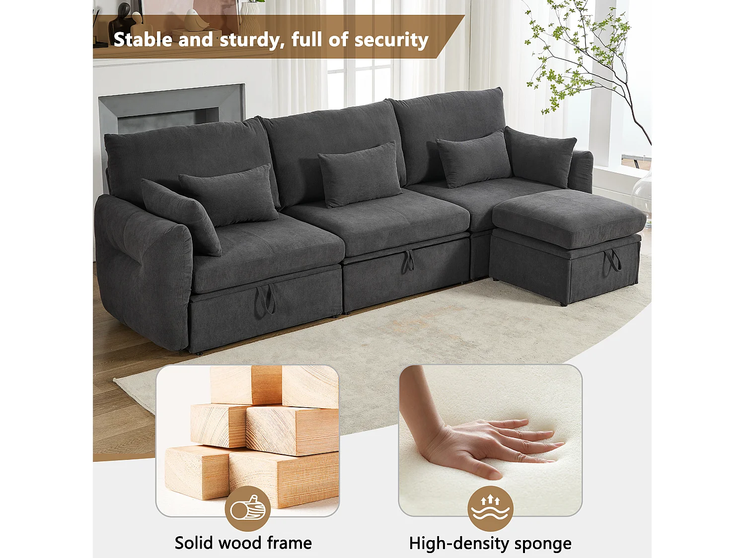 Canapé d'angle 4 places - 300 x 90 x 96 cm - Repose-pieds et espace de rangement - Velours - Gris