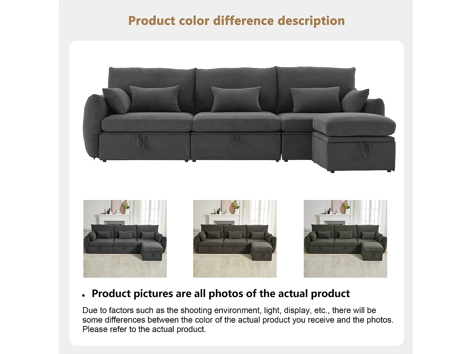 Canapé d'angle 4 places - 300 x 90 x 96 cm - Repose-pieds et espace de rangement - Velours - Gris