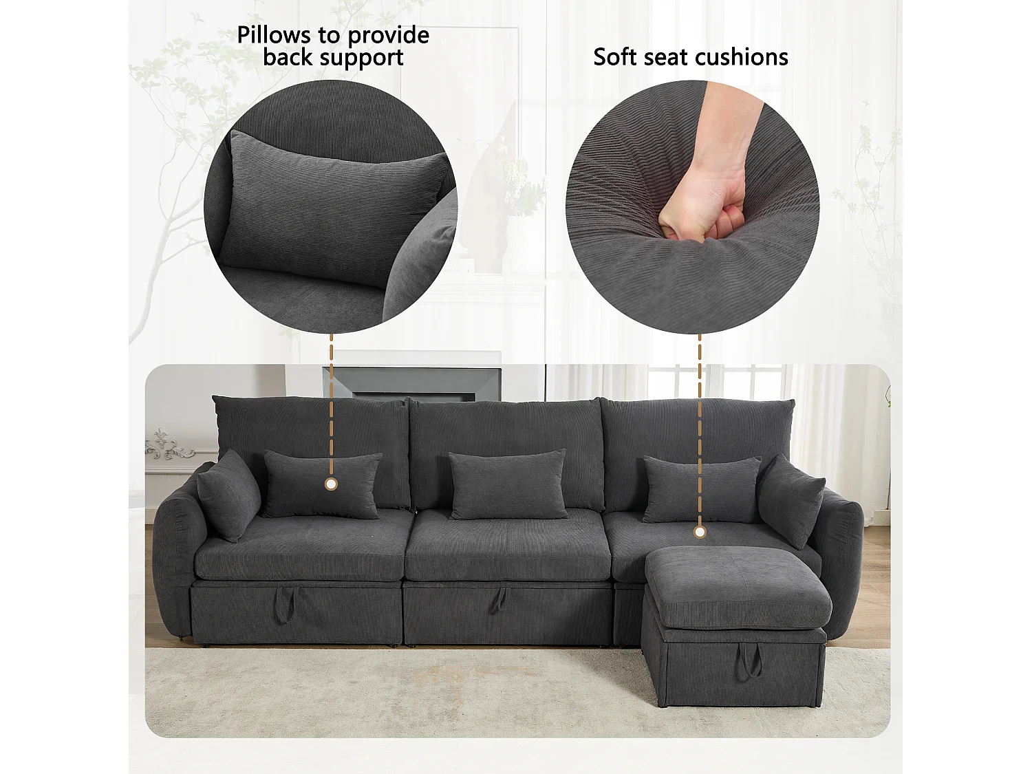 Canapé d'angle 4 places - 300 x 90 x 96 cm - Repose-pieds et espace de rangement - Velours - Gris