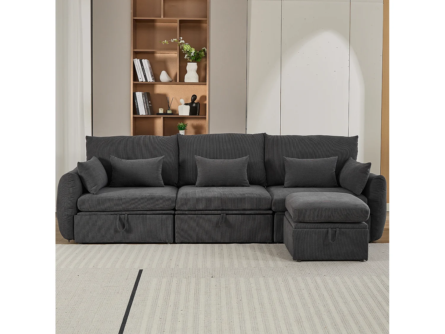 Canapé d'angle 4 places - 300 x 90 x 96 cm - Repose-pieds et espace de rangement - Velours - Gris