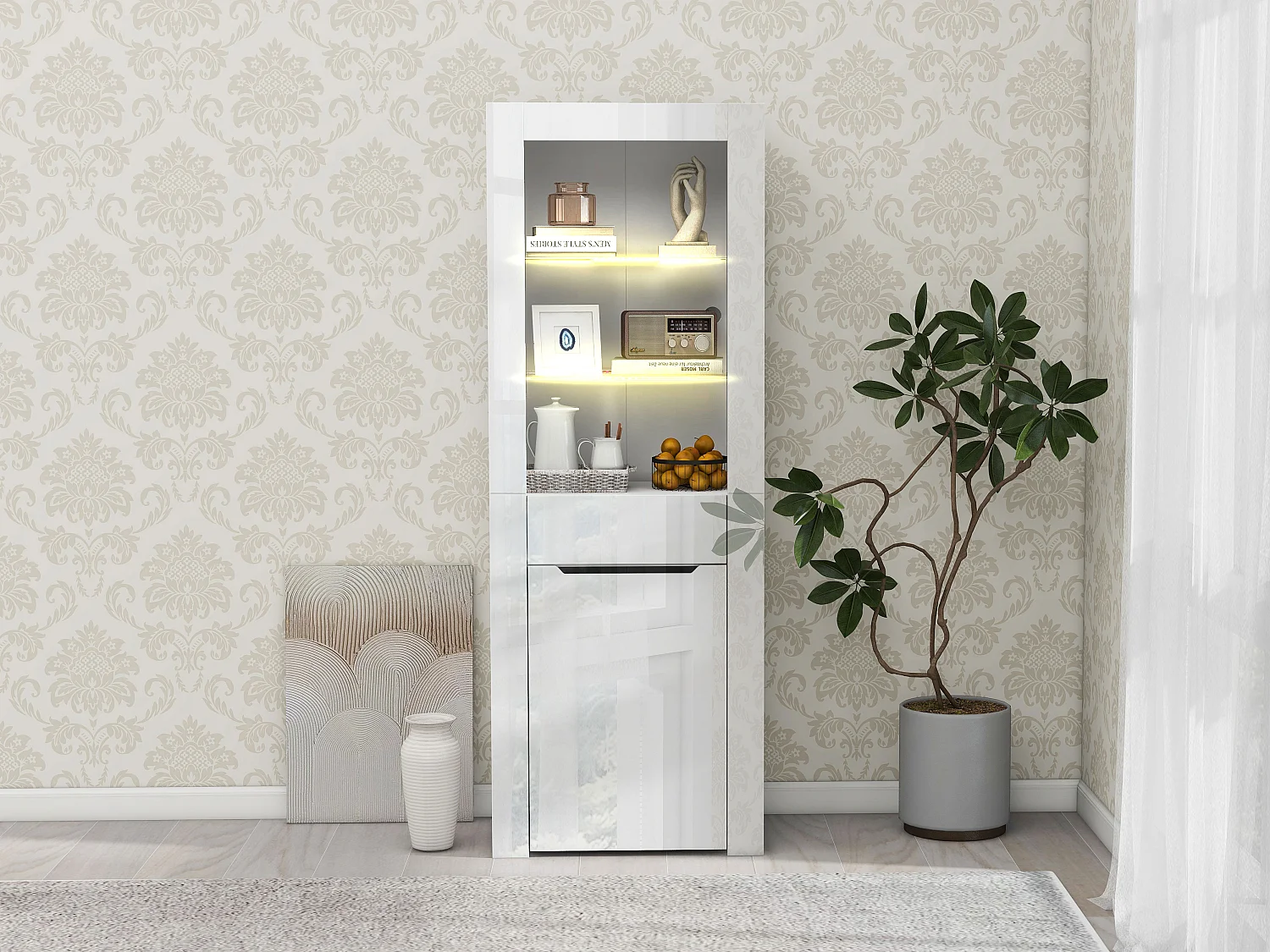 Vitrine met 1 deur en 1 lade - LED's - 3 planken - 60 x 35,5 x 165 cm - Spaanplaat - Glanzend wit