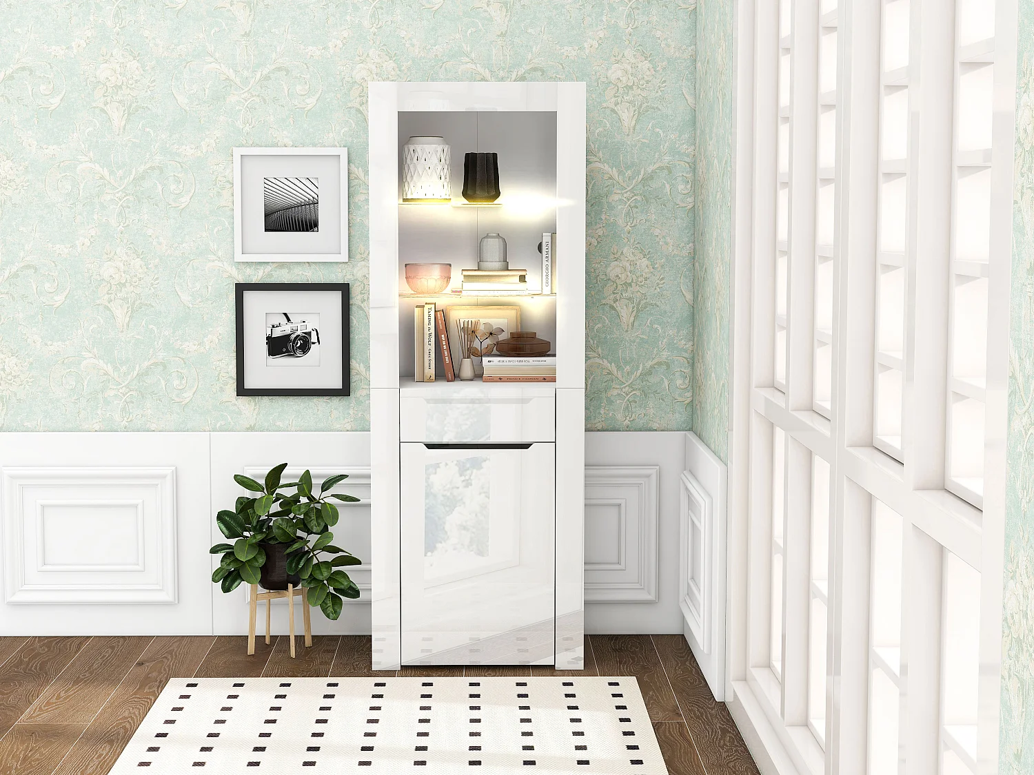 Vitrine met 1 deur en 1 lade - LED's - 3 planken - 60 x 35,5 x 165 cm - Spaanplaat - Glanzend wit