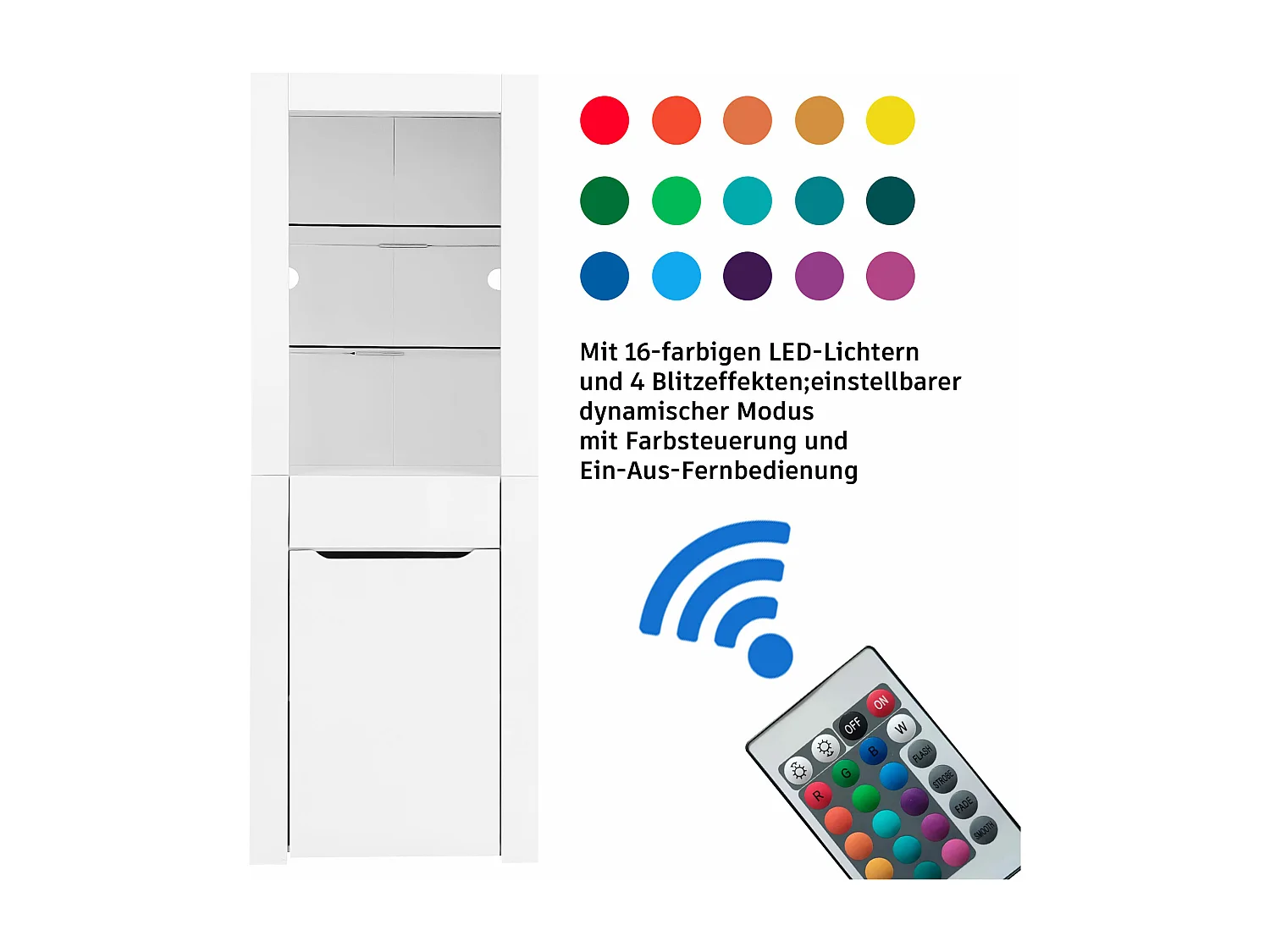 Vitrine met 1 deur en 1 lade - LED's - 3 planken - 60 x 35,5 x 165 cm - Spaanplaat - Glanzend wit