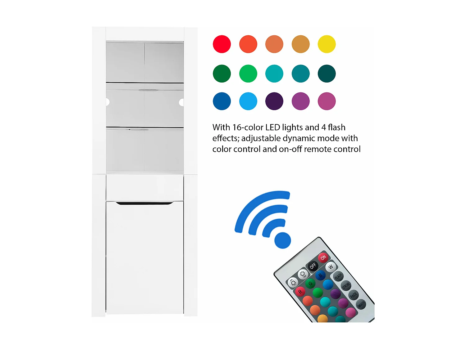 Vitrine met 1 deur en 1 lade - LED's - 3 planken - 60 x 35,5 x 165 cm - Spaanplaat - Glanzend wit