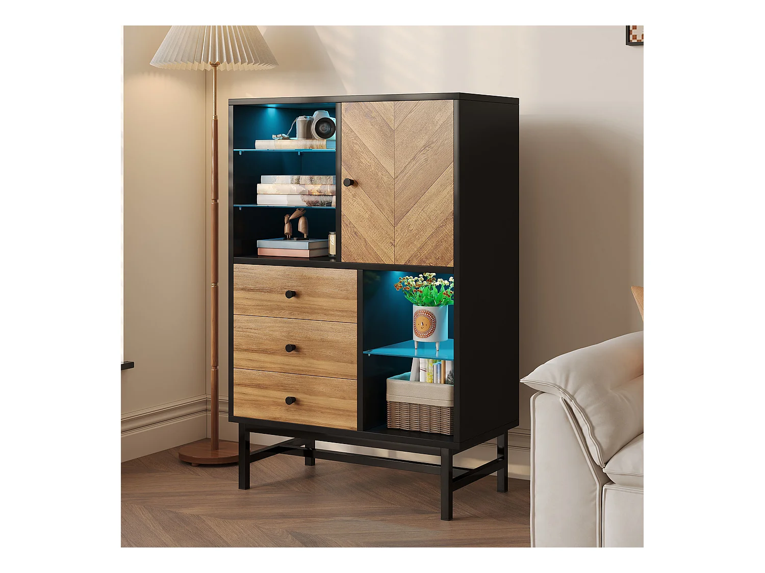 Vitrine avec 3 tiroirs et 1 porte - 80 x 40 x 120.5 cm - LEDs - Etagères en verre - Panneaux de particules et métal - Couleur noir