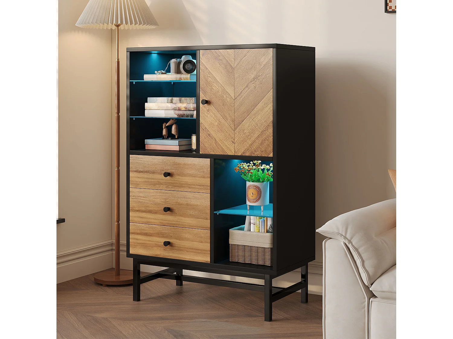 Vitrine avec 3 tiroirs et 1 porte - 80 x 40 x 120.5 cm - LEDs - Etagères en verre - Panneaux de particules et métal - Couleur noir