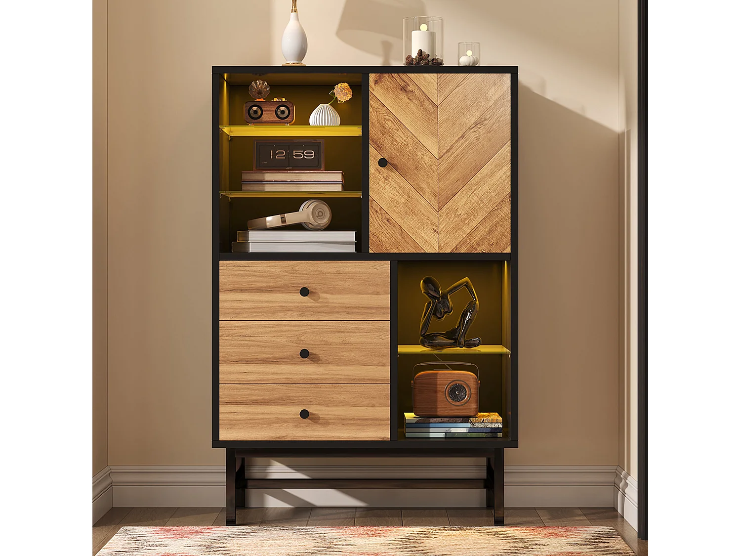 Vitrine avec 3 tiroirs et 1 porte - 80 x 40 x 120.5 cm - LEDs - Etagères en verre - Panneaux de particules et métal - Couleur noir