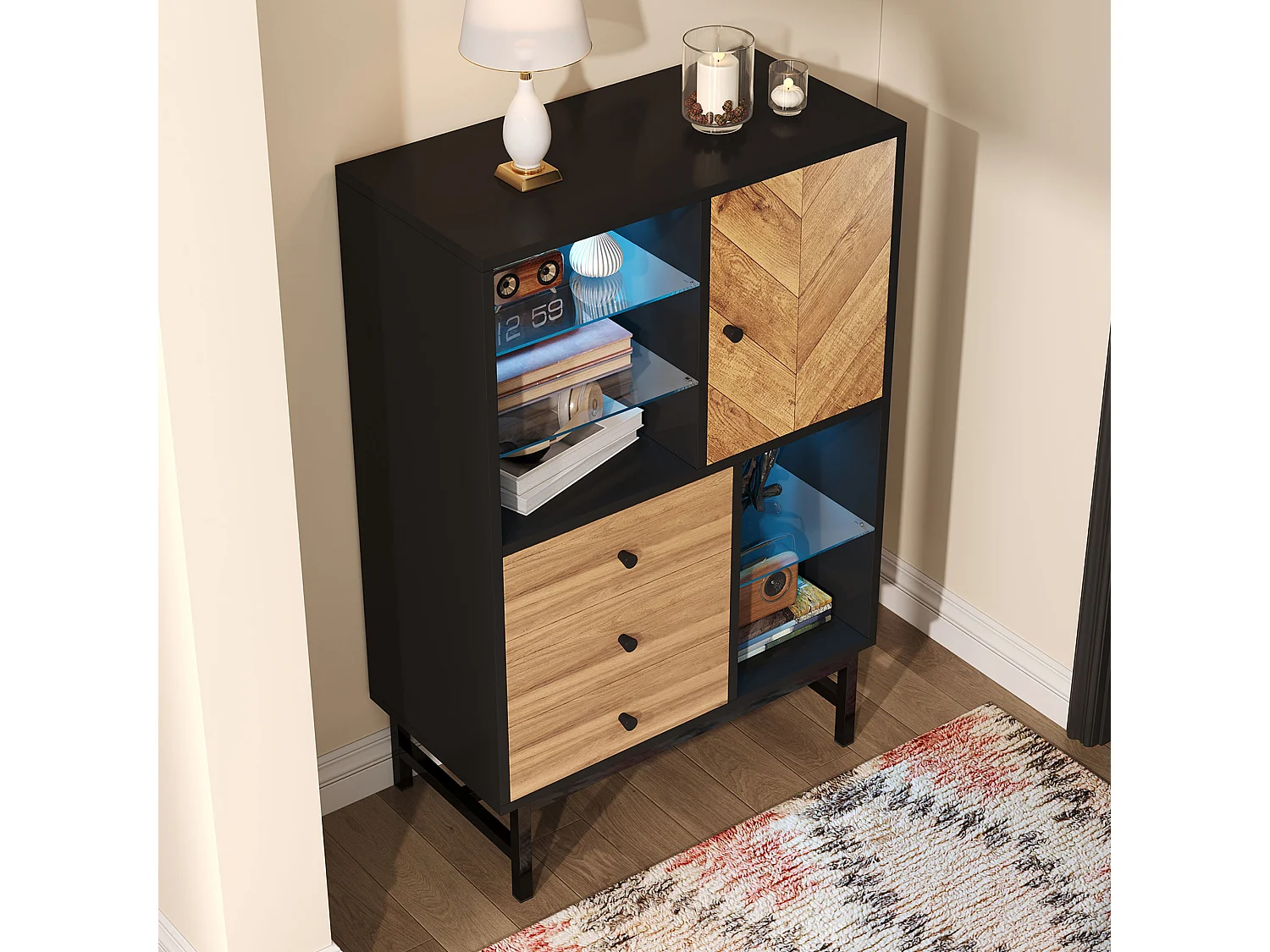 Vitrine avec 3 tiroirs et 1 porte - 80 x 40 x 120.5 cm - LEDs - Etagères en verre - Panneaux de particules et métal - Couleur noir