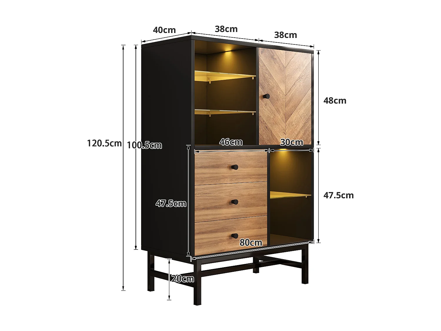 Vitrine avec 3 tiroirs et 1 porte - 80 x 40 x 120.5 cm - LEDs - Etagères en verre - Panneaux de particules et métal - Couleur noir