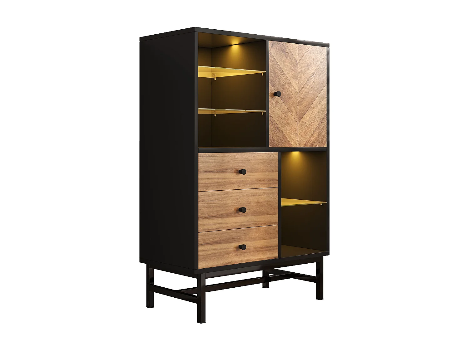 Vitrine avec 3 tiroirs et 1 porte - 80 x 40 x 120.5 cm - LEDs - Etagères en verre - Panneaux de particules et métal - Couleur noir