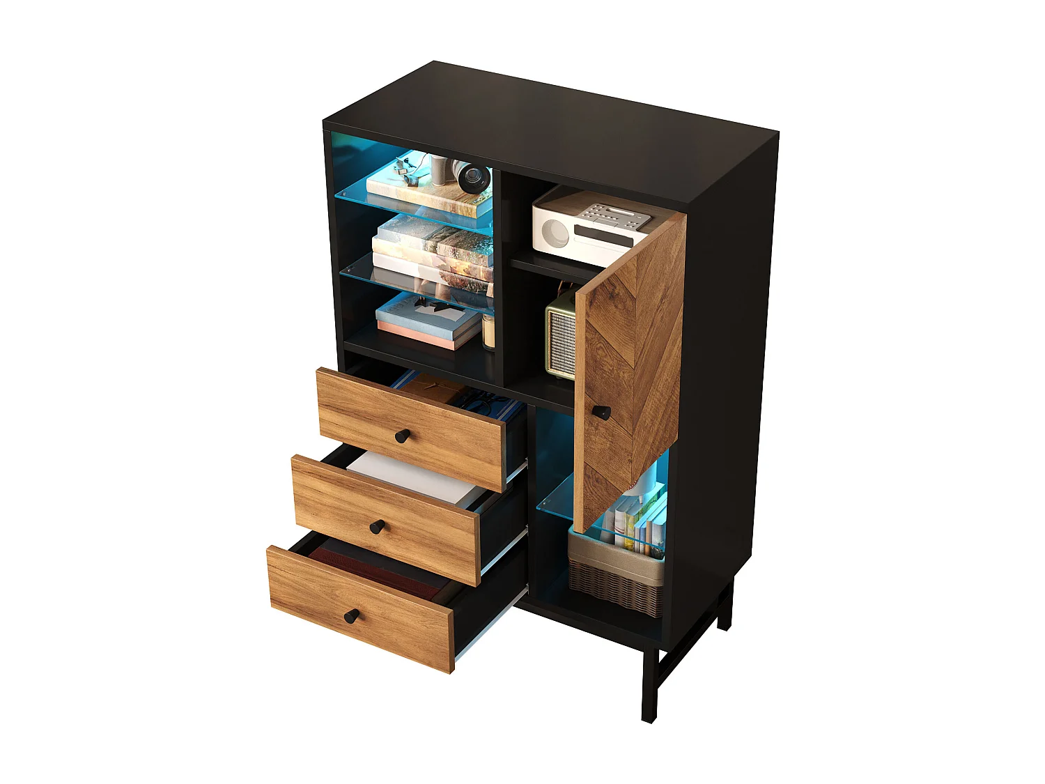 Vitrine avec 3 tiroirs et 1 porte - 80 x 40 x 120.5 cm - LEDs - Etagères en verre - Panneaux de particules et métal - Couleur noir