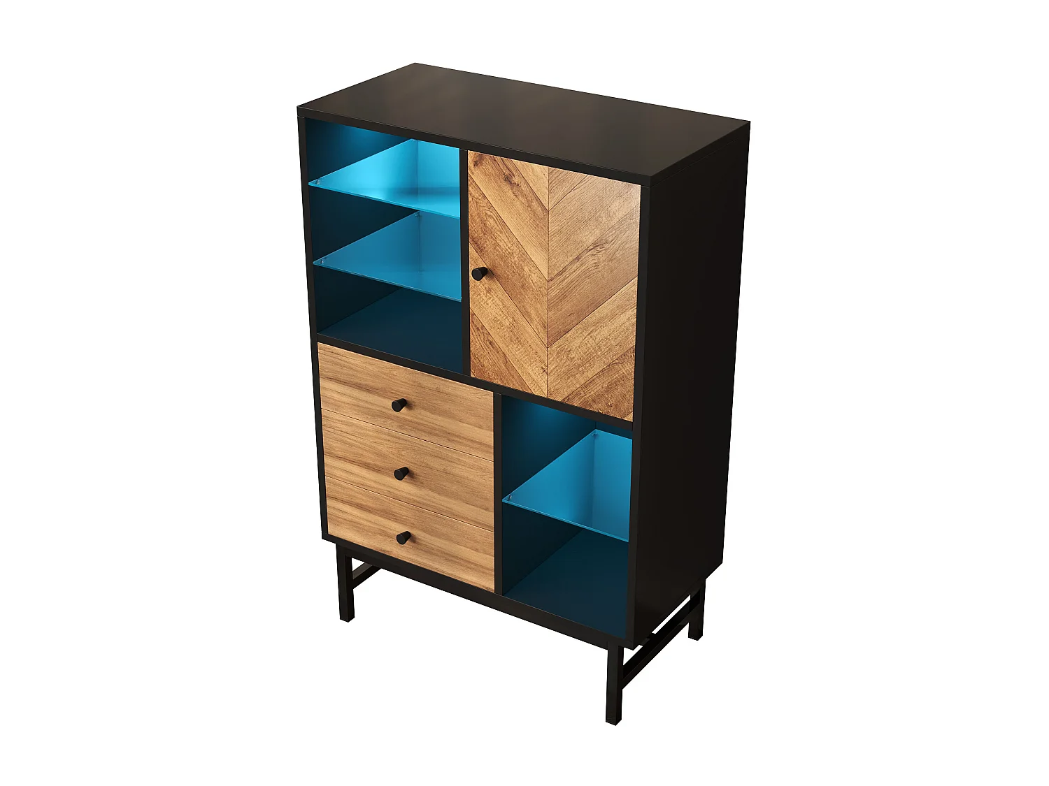 Vitrine avec 3 tiroirs et 1 porte - 80 x 40 x 120.5 cm - LEDs - Etagères en verre - Panneaux de particules et métal - Couleur noir